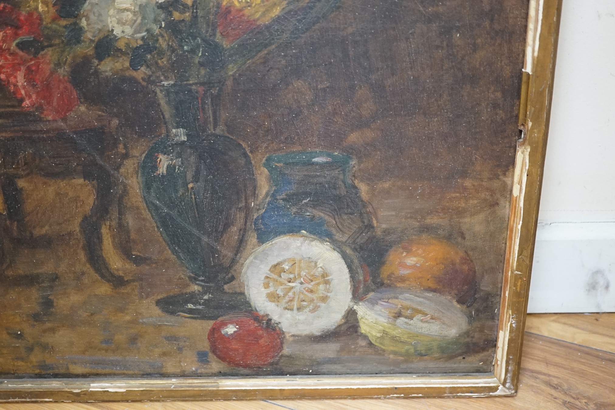 From the Studio of Fred Cuming. 19th century Continental school, oil on canvas, Still life of flowers, 54 x 44cm. Condition - poor